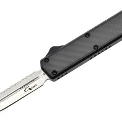 Golgoth G11BS1 Noir. Couteau Automatique OTF Lame Double Tranchant Avec Serrations En Acier D2 Manche Aluminium Noir Et Fibre De Carbone