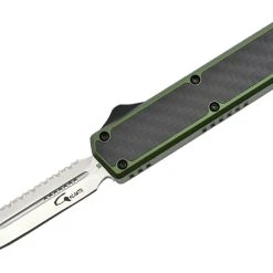 Golgoth G11BS2 Vert. Couteau Automatique OTF Lame Double Tranchant Avec Serrations En Acier D2 Manche Aluminium Vert Et Fibre De Carbone