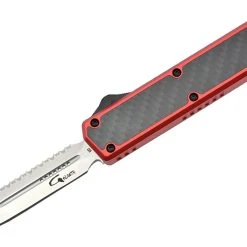 Golgoth G11BS3 Rouge. Couteau Automatique OTF Lame Double Tranchant Avec Serrations En Acier D2 Manche Aluminium Rouge Et Fibre De Carbone