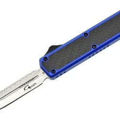 Golgoth G11BS4 Bleu. Couteau Automatique OTF Lame Double Tranchant Avec Serrations En Acier D2 Manche Aluminium Bleu Et Fibre De Carbone
