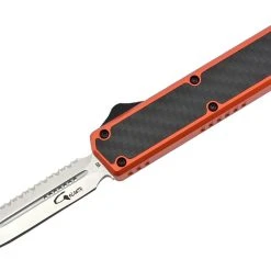 Golgoth G11BS5 Orange. Couteau Automatique OTF Lame Double Tranchant Avec Serrations En Acier D2 Manche Aluminium Orange Et Fibre De Carbone