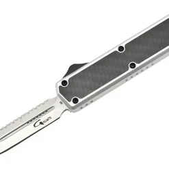 Golgoth G11BS6 Silver. Couteau Automatique OTF Lame Double Tranchant Avec Serrations En Acier D2 Manche Aluminium Silver Et Fibre De Carbone